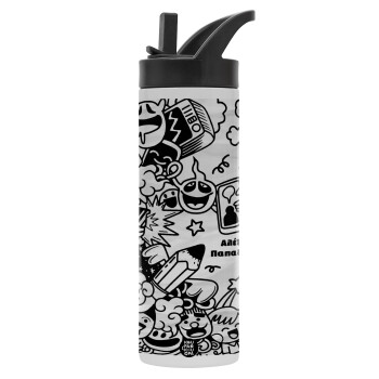 School Doodle, Metallic thermos bottle with straw & handle, stainless steel (Stainless steel 304), double-walled, 600ml.