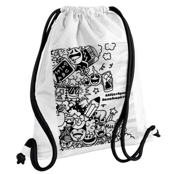 School Doodle, Backpack pouch GYMBAG white, with pocket (40x48cm) & thick cords