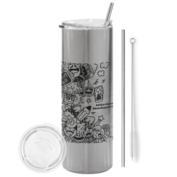 School Doodle, Eco friendly stainless steel Silver tumbler 600ml, with metal straw & cleaning brush