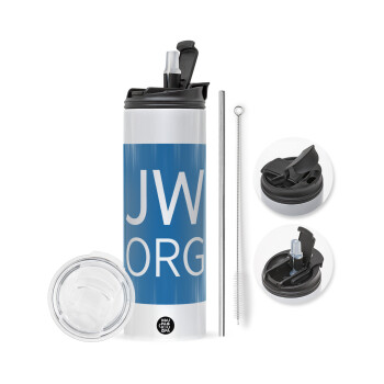 JW.ORG, Travel Tumbler θερμό με διπλό καπάκι, μεταλλικό καλαμάκι και βούρτσα καθαρισμού (Ανωξείδωτο 304 Food grade, BPA free, 600ml)