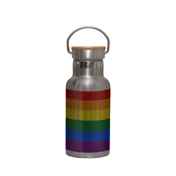 Rainbow flag (LGBT) , Stainless steel metallic thermos flask, silver with a bamboo lid, double-walled, 350ml.