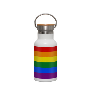 Rainbow flag (LGBT) , Metallic thermos (Stainless steel) White with wooden lid (bamboo), double-walled, 350ml