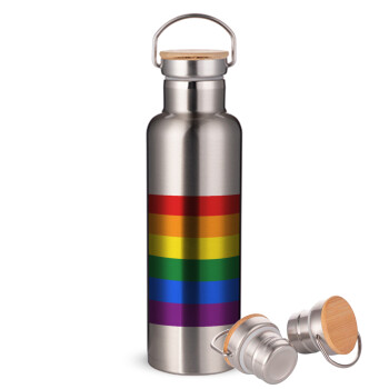 Rainbow flag (LGBT) , Μεταλλικό παγούρι θερμός (Stainless steel) Ασημένιο με ξύλινο καπακι (bamboo), διπλού τοιχώματος, 750ml