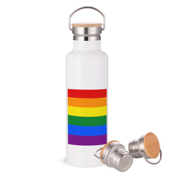 Rainbow flag (LGBT) , Μεταλλικό παγούρι θερμός (Stainless steel) Λευκό με ξύλινο καπακι (bamboo), διπλού τοιχώματος, 750ml