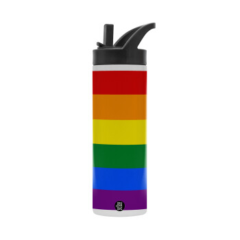 Rainbow flag (LGBT) , Metallic thermos bottle with straw & handle, stainless steel (Stainless steel 304), double-walled, 600ml.