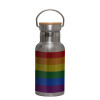 Stainless steel metallic thermos flask, silver with a bamboo lid, double-walled, 350ml.