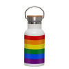 Metallic thermos (Stainless steel) White with wooden lid (bamboo), double-walled, 350ml