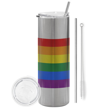 Rainbow flag (LGBT) , Eco friendly stainless steel Silver tumbler 600ml, with metal straw & cleaning brush