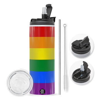 Rainbow flag (LGBT) , Travel Tumbler θερμό με διπλό καπάκι, μεταλλικό καλαμάκι και βούρτσα καθαρισμού (Ανωξείδωτο 304 Food grade, BPA free, 600ml)