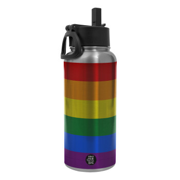 Rainbow flag (LGBT) , Metal mug thermo Silver with Straw and Spout Lid (Stainless steel), double wall, 950ml