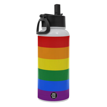 Rainbow flag (LGBT) , Metal mug thermo White with Straw and Spout Lid (Stainless steel), double wall, 950ml