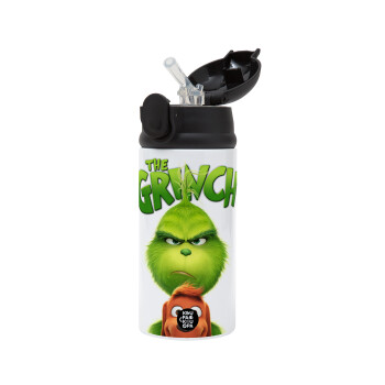 mr grinch, Children's hot water bottle, stainless steel, with safety straw, Black (360ml) BPA-FREE