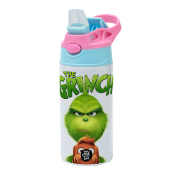 mr grinch, Children's hot water bottle, stainless steel, with safety straw, Pink/BlueCiel (360ml) BPA FREE