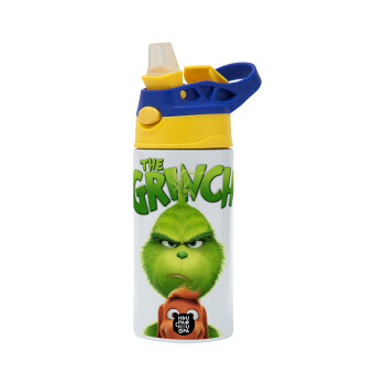 mr grinch, Children's hot water bottle, stainless steel, with safety straw, green, blue (360ml) BPA FREE