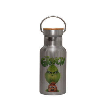 mr grinch, Stainless steel metallic thermos flask, silver with a bamboo lid, double-walled, 350ml.