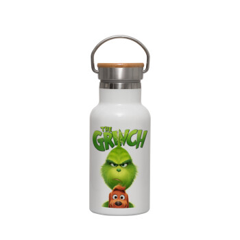 mr grinch, Metallic thermos (Stainless steel) White with wooden lid (bamboo), double-walled, 350ml