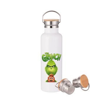 mr grinch, Μεταλλικό παγούρι θερμός (Stainless steel) Λευκό με ξύλινο καπακι (bamboo), διπλού τοιχώματος, 750ml