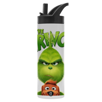 mr grinch, Metallic thermos bottle with straw & handle, stainless steel (Stainless steel 304), double-walled, 600ml.