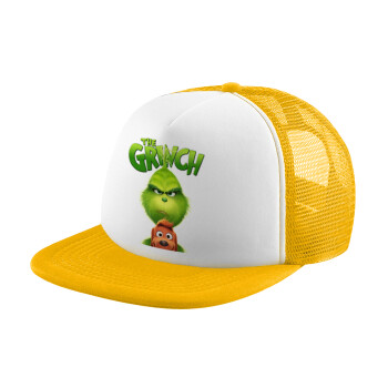 mr grinch, Adult Soft Trucker Hat with Yellow/White Mesh (POLYESTER, ADULT, UNISEX, ONE SIZE)