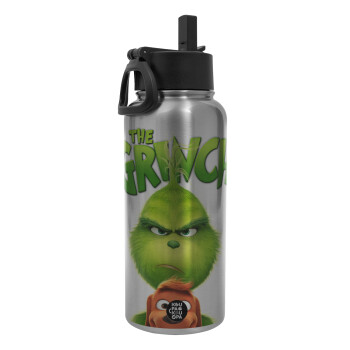 mr grinch, Metal mug thermo Silver with Straw and Spout Lid (Stainless steel), double wall, 950ml