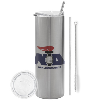 Νέα δημοκρατία κλασική, Tumbler stainless steel Silver 600ml, with metal straw & cleaning brush