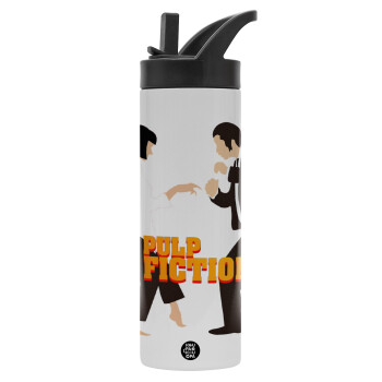 Pulp Fiction dancing, Metallic thermos bottle with straw & handle, stainless steel (Stainless steel 304), double-walled, 600ml.