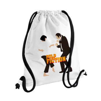 Pulp Fiction dancing, Τσάντα πλάτης πουγκί GYMBAG λευκή, με τσέπη (40x48cm) & χονδρά κορδόνια