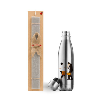 Pulp Fiction dancing, Easter Set, metallic stainless thermos flask (500ml) & scented flat Easter candle (30cm) (GRAY)