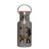 Stainless steel metallic thermos flask, silver with a bamboo lid, double-walled, 350ml.