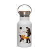 Metallic thermos (Stainless steel) White with wooden lid (bamboo), double-walled, 350ml