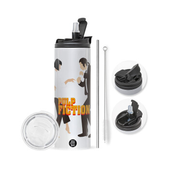 Pulp Fiction dancing, Travel Tumbler θερμό με διπλό καπάκι, μεταλλικό καλαμάκι και βούρτσα καθαρισμού (Ανωξείδωτο 304 Food grade, BPA free, 600ml)