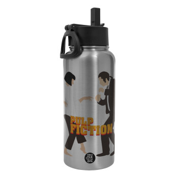 Pulp Fiction dancing, Metal mug thermo Silver with Straw and Spout Lid (Stainless steel), double wall, 950ml