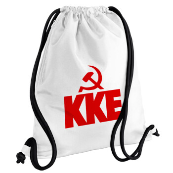 ΚΚΕ, Τσάντα πλάτης πουγκί GYMBAG λευκή, με τσέπη (40x48cm) & χονδρά κορδόνια