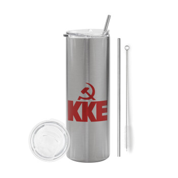 ΚΚΕ, Eco friendly stainless steel Silver tumbler 600ml, with metal straw & cleaning brush