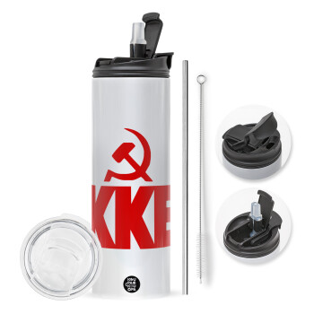 ΚΚΕ, Travel Tumbler θερμό με διπλό καπάκι, μεταλλικό καλαμάκι και βούρτσα καθαρισμού (Ανωξείδωτο 304 Food grade, BPA free, 600ml)