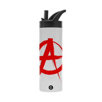 Anarchy, Metallic thermos bottle with straw & handle, stainless steel (Stainless steel 304), double-walled, 600ml.