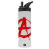 Metallic thermos bottle with straw & handle, stainless steel (Stainless steel 304), double-walled, 600ml.