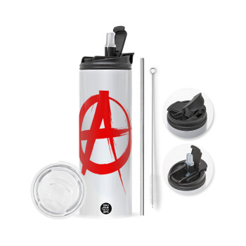 Anarchy, Travel Tumbler θερμό με διπλό καπάκι, μεταλλικό καλαμάκι και βούρτσα καθαρισμού (Ανωξείδωτο 304 Food grade, BPA free, 600ml)