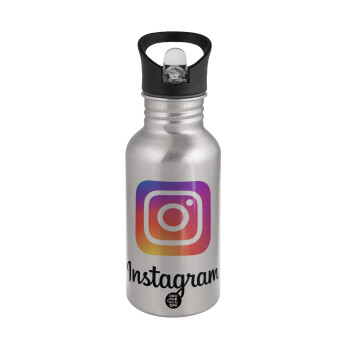 Instagram, Water bottle Silver with straw, stainless steel 500ml