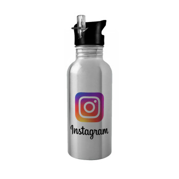 Instagram, Παγούρι νερού Ασημένιο με καλαμάκι, ανοξείδωτο ατσάλι 600ml