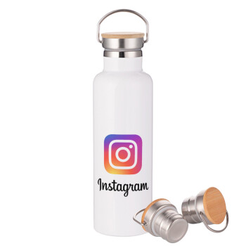 Instagram, Stainless steel White with wooden lid (bamboo), double wall, 750ml