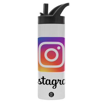 Instagram, Μεταλλικό παγούρι θερμός με καλαμάκι & χειρολαβή, ανοξείδωτο ατσάλι (Stainless steel 304), διπλού τοιχώματος, 600ml