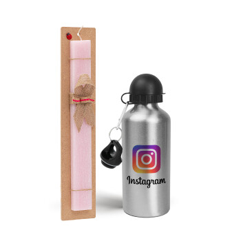 Instagram, Easter Set, metallic Silver aluminum water bottle (500ml) & scented flat Easter candle (30cm) (PINK)