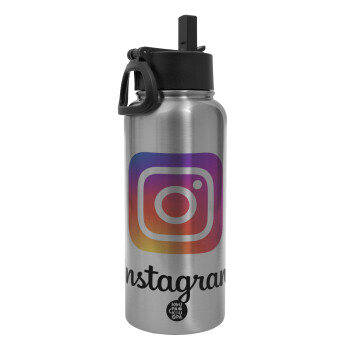 Instagram, Μεταλλικό παγούρι θερμός Silver με καλαμάκι και χερούλι (Stainless steel), διπλού τοιχώματος, 950ml