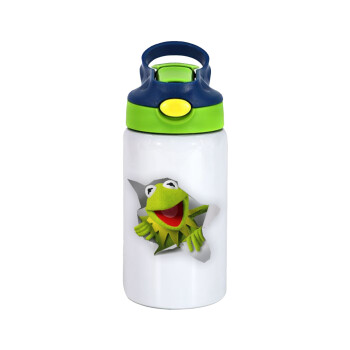 Kermit the frog, Children's hot water bottle, stainless steel, with safety straw, green, blue (350ml)