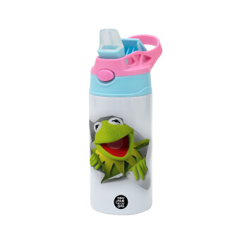 Kermit the frog, Children's hot water bottle, stainless steel, with safety straw, Pink/BlueCiel (360ml) BPA FREE