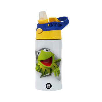 Kermit the frog, Children's hot water bottle, stainless steel, with safety straw, green, blue (360ml) BPA FREE