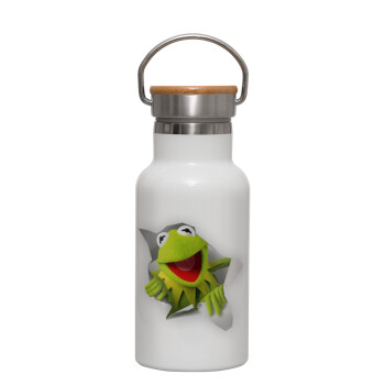 Kermit the frog, Metallic thermos (Stainless steel) White with wooden lid (bamboo), double-walled, 350ml