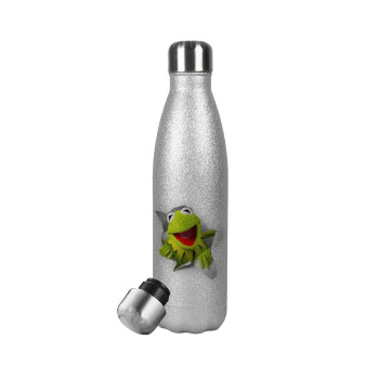 Kermit the frog, Μεταλλικό παγούρι θερμός Glitter Aσημένιο (Stainless steel), διπλού τοιχώματος, 500ml