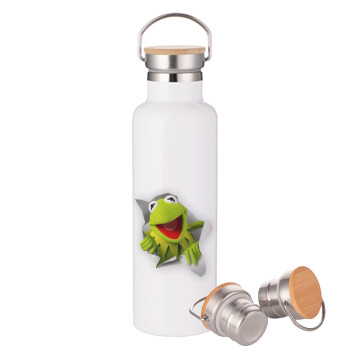 Kermit the frog, Μεταλλικό παγούρι θερμός (Stainless steel) Λευκό με ξύλινο καπακι (bamboo), διπλού τοιχώματος, 750ml